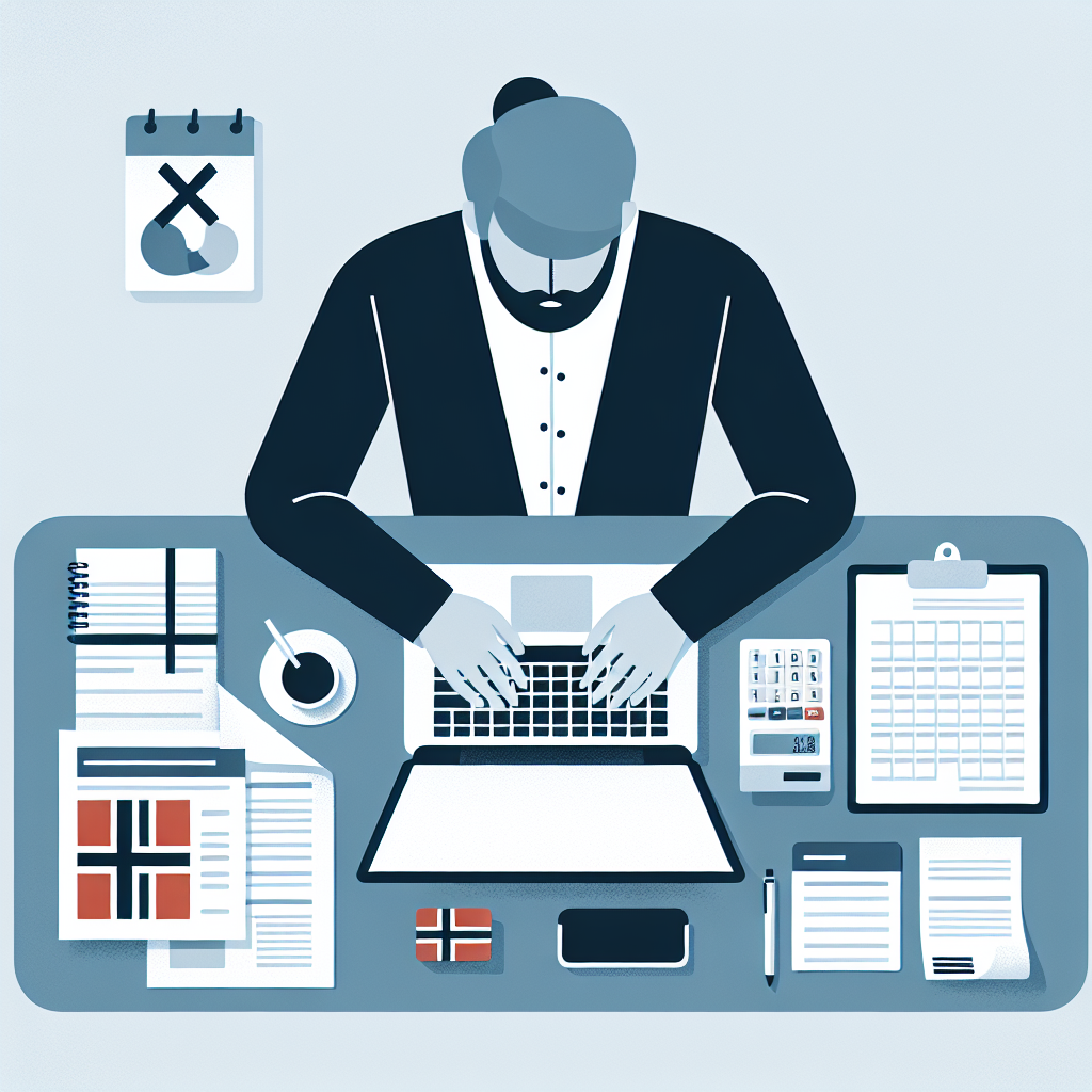 Norsk person som sitter ved skrivebord med laptop og kalkulator, skattepapirer og kalender, moderne stil, nøytrale farger, tydelig fokus på orden og økonomi
